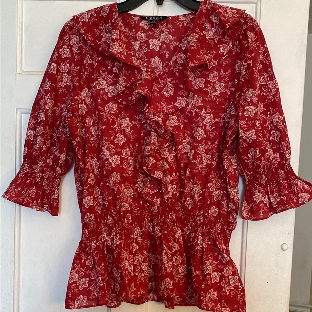 Red Peplum Blouse with Ruffled 3/4 Sleeves